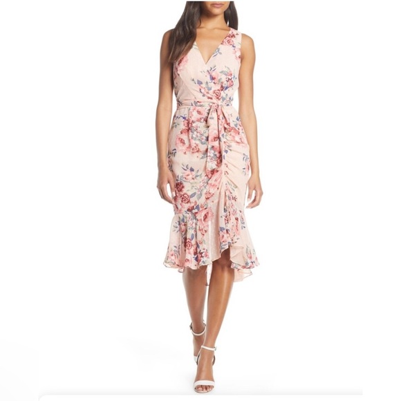 Eliza J Sleeveless Flutter Hem Ruched Textured Floral Midi Dress- Size 4 - Picture 1 of 8